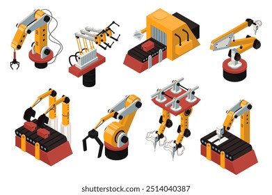 Robot automation 3d isométrico mega set en Diseño gráfico de isometría. Elementos de colección de diferentes tipos de brazos y herramientas robóticas para líneas automáticas de fabricación y transportadores. Ilustración vectorial.