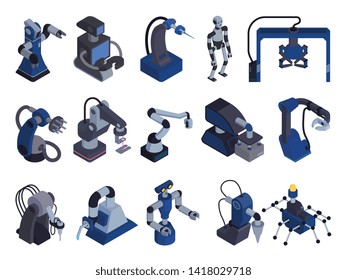 Robot automation color set with isolated isometric images of special purpose robot handlers and manipulator arms vector illustration