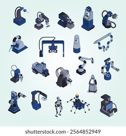 Robot automation flowchart with isolated images of androids and industrial devices