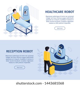 Robot automation horizontal banners set with receptionist and doctor robotic interfaces with people text and buttons vector illustration