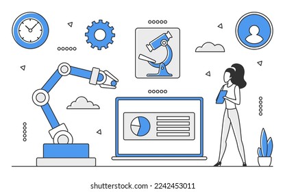 Robot automation system. Process automation, innovative technology vector monocolor illustration