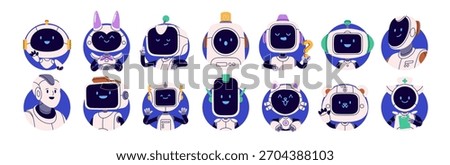 Robot avatars set. Cute happy AI characters with smiling faces in circle round frames. Digital assistants, technology bots, user profiles. Flat vector illustration isolated on white background