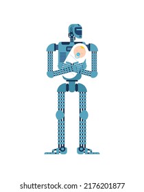 Robot Babysitter aislado. Ciborg sosteniendo a su bebé. Niñera del futuro