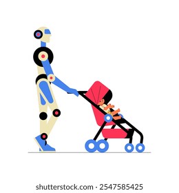 Robot Babysitter Pushing A Baby Stroller In Flat Vector Illustration Symbolizing Childcare, Technology, And Assistance, Isolated On White Background