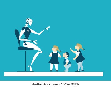 Robot babysitter, teaching the group of little children in classroom. Robot teacher. Future reality concept. 