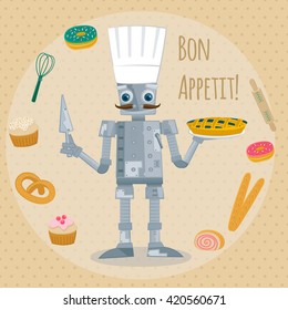 Robot baker wearing a chefs hat. Set of bakery products. Vector illustration of smart robot baker.