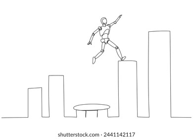 Equilibrio de robot en una pata sobre un bloque rectangular alto, entre el gráfico de barras. La escena ilustra que la tecnología puede catapultar a objetivos más altos
