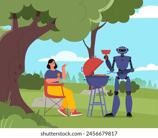 Robot en concepto de barbacoa. Cyborg cerca de la parrilla con carne. Mujer con ayudante y asistente en la naturaleza. Inteligencia artificial y aprendizaje automático, innovaciones. Ilustración vectorial plana de dibujos animados