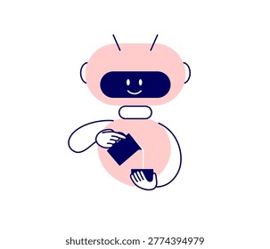 Robot barista making coffee latte art. Innovation ai technology in preparing cappuccino in coffeehouse. Cute character pouring milk from pitcher into cup. Artificial intelligence vector illustration