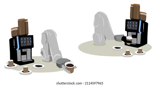 Robot barista or robotic arm making and serving coffee.
Automatic coffee machine concept.
Set.  Flat vector illustration