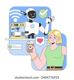 Concepto de servicio de robot barista. Simpático robot haciendo café para una mujer encantada, rodeado de símbolos de conectividad y aprobación. Interacción moderna con los cafés. Ilustración vectorial plana