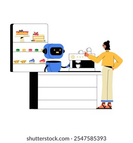 Robô Barista Servindo Café Para Uma Cliente Feminina Em Ilustração De Vetor Plano Simbolizando Tecnologia, Interação Com O Cliente E Automação, Isolado Em Fundo Branco.