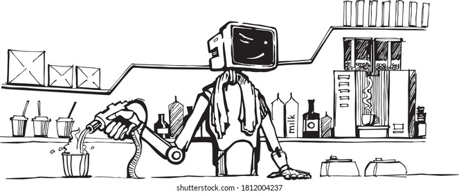 Robot bartender. Standing behind the bar. Pouring cocktail. Black and white. Vector clipart, illustration.