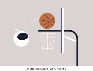 A robot basketball player enthusiastically shoots hoops on court, showcasing advanced technology