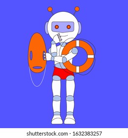 Robot beach lifeguard stands and holds a lifebuoy and an inflatable orange board, color vector emoticon on a blue isolated background