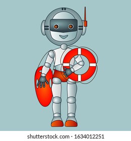 robot beach lifeguard stands and holds a lifebuoy and an inflatable orange board, color vector emoticon on isolated background