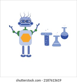 Robot with beakers. Vector illustration isolated on white background