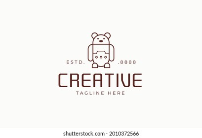Robot Bear Logo Design Template. Vector Illustration of Robot Bear simple brown line. Vintage Modern Logo Line Art Design Template