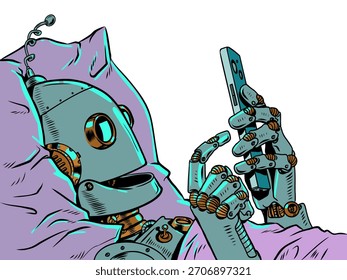 Un robot en la cama mirando la pantalla de un teléfono. La cuestión de la seguridad de los datos personales y de la información. Selección de recomendaciones para usuarios y clientes. Pop Arte Retro Ilustración vectorial Kitsch Antiguas 50s 60s