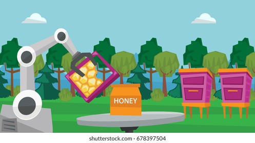 Robot beekeeper working at apiary. Robot beekeeper with a honeycomb. Robot beekeeper gathering honey from beehive at apiary. Robot harvesting honey. Vector flat design illustration. Horizontal layout.
