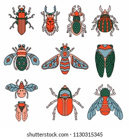 robot beetles, insects. Set, hand drawing