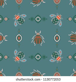 robot beetles, maryls, insects. Hand drawing seamless pattern
