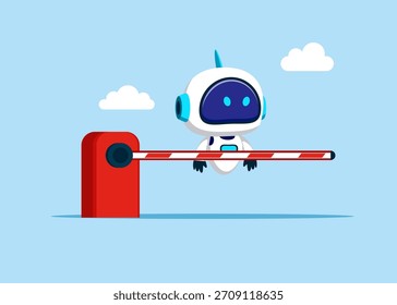 Robot detrás de una puerta de barrera. Detente y rechaza. Tecnología del cierre de fronteras o tarifas de protección. Ilustración vectorial plana