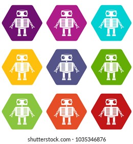 Robot with big eyes icon set many color hexahedron isolated on white vector illustration