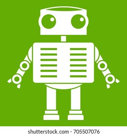 Robot with big eyes icon white isolated on green background. Vector illustration