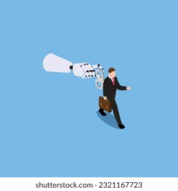 Robot big hand turn wind up key or winder clockwork to motivate businessman office worker. 3d vector illustration concept for banner, website, illustration, landing page, flyer, etc