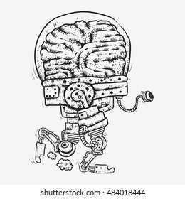 robot bionic brain tired of running exhausted eyed brain cartoon sketch line art no  color