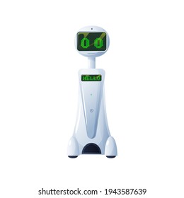 Robot bionic man of metal and plastic, hello on body display. Vector electronic cyborg, futuristic character sci-fi bot. Electronic cyber machine, droid toy on remote control, smart robotic helper