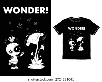 Robô e pássaro olhando para uma planta em design de camiseta