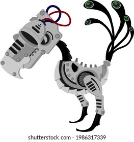 Robot bird in metal steampunk style. A cyborg dinosaur on a white background.