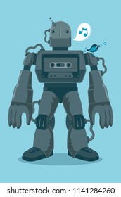 Robot with bird singing on the shoulder cartoon character vector illustration
