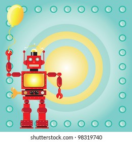 Robot Birthday Party Invitation with red wind-up robot holding a party balloon on a bullseye background and a bolt frame