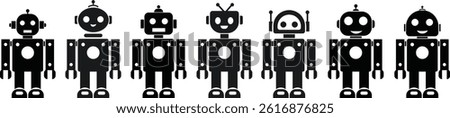Robot black flat icons set. GPT chatbot. Artificial intelligence, trendy technology, support service, funny automation computer vectors isolated on transparent background. Showcasing playful designs.