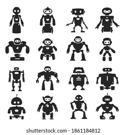 Robot black icon set, characters for game, media. Different types of machines, working automatically. Vector robots illustration on white background