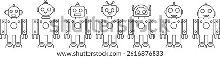 Robot black line icons set. GPT chatbot. Artificial intelligence, trendy technology, support service, funny automation computer vectors isolated on transparent background. Showcasing playful designs.