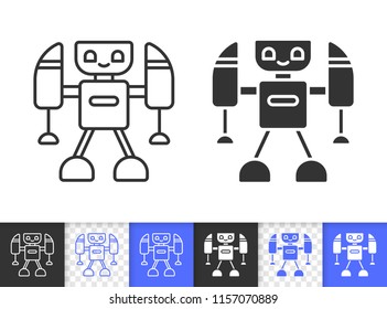 Robot black linear and silhouette icons. Thin line sign of kids toy. Mechanical Transformer outline pictogram isolated on white transparent background. Vector Icon of Robot simple symbol closeup