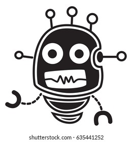 Robot black vector silhouette character isolated on white background. Cartoon icon.