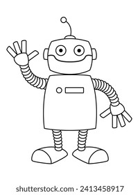 robot, black and white vector cartoon illustration of humanoid robot with waving hand, isolated on white background