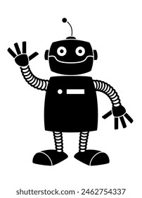 robot, ilustración de dibujos animados de Vector blanco y negro de robot humanoide con mano que ondea, aislado sobre fondo blanco