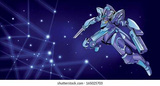 robot con una hoja y automático en un cielo azul de fondo