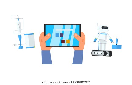 Robot and blender controlled via tablet with remote control app, vector Illustration