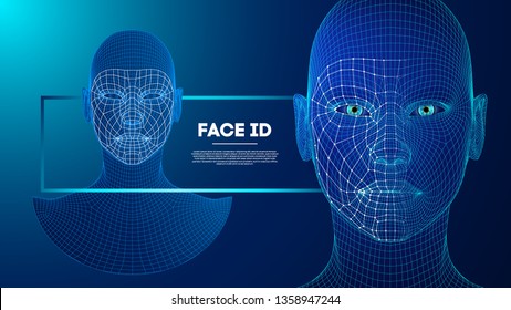 Robot blue eyes android with detailed iris and pupil. Facial recognition concept with sensor and face identity. 3D scanning.