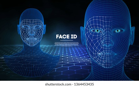 Robot blue eyes android with detailed iris and pupil. Facial recognition concept with sensor and face identity. 3D scanning.