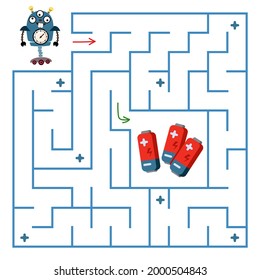 Robot Blue Is Looking For A Way To Recharge The Battery Through The Maze. Maze Mini-game On Paper. Color Illustration With Easy Task For Preschooler