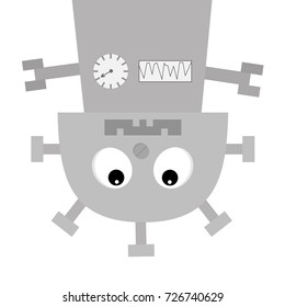 Robot body hanging upside down. Screw nose, clock heart, mouth with tooth. Cute vintage cartoon character. Gray metal. Baby collection. Flat design. White background. Isolated. Vector illustration