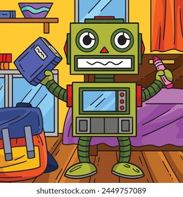 Robot con un libro y lápiz de dibujos animados de color 